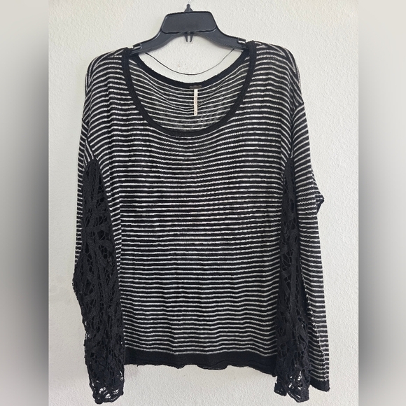 Free People Linen Blend Crochet Love Me Do Blouse Top Sz M Stripe Oversize - Picture 4 of 16